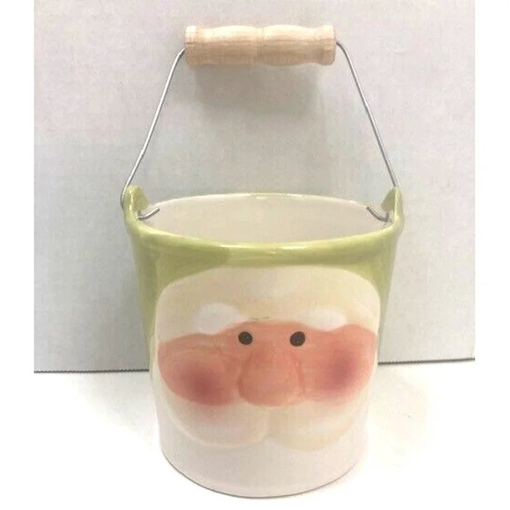 Ceramic Santa Face Bucket/Planter Green Christmas Rosy Cheeks - Decorative 3.75